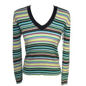 Y2K Old Navy Colorful Striped V Neck Ribbed Top Size Medium